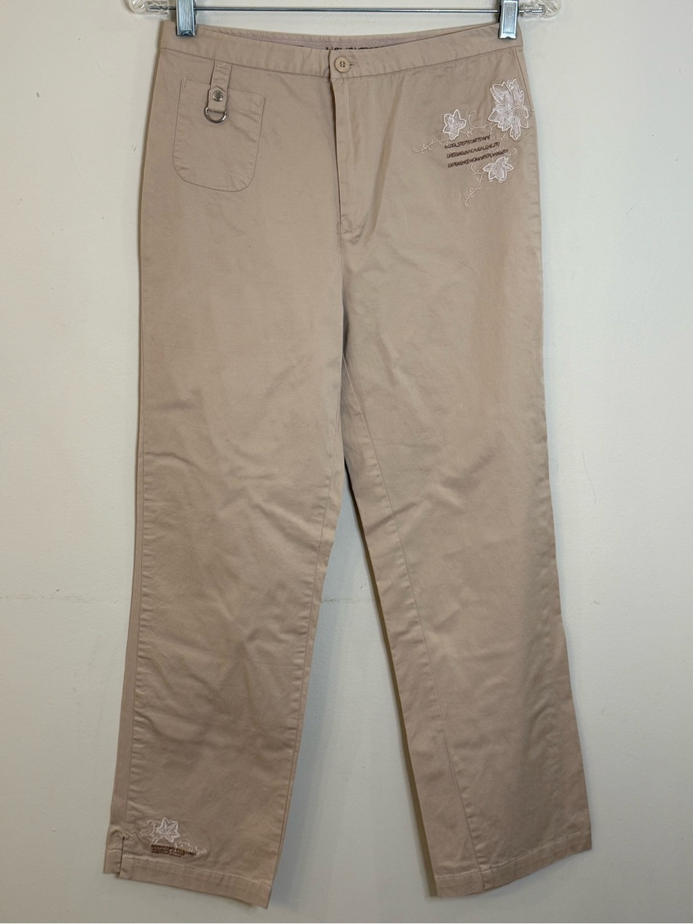 Lishiqi floral & positive affirmation khaki pants 
SZ 28” waist